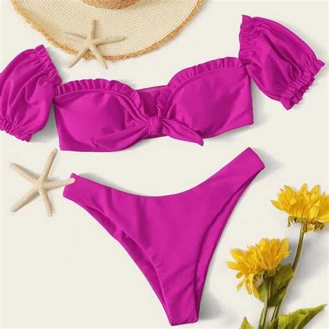 Women S Solid Color Bikini Set Short Sleeve With Wood Ear Wrinkles Lace Up Strap Swimwear
