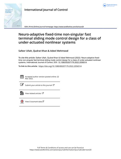 PDF Neuro Adaptive Fixed Time Non Singular Fast Terminal Sliding Mode