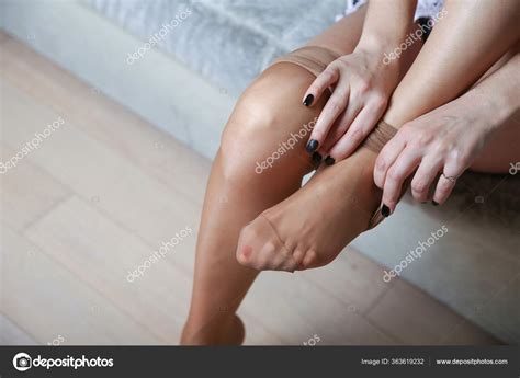 Woman Putting Nude Tights Close Stock Photo Pit Bk Ru