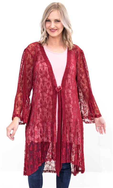 Iowa Ladies Silk Lace Duster Cardigan With Buckle In Burgundy