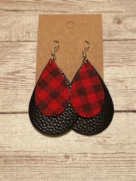 Plaid Leather Earrings Double Layer Teardrop Earrings Etsy