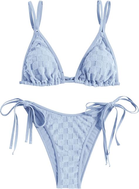 Amazon Zaful Bathing Suit Bikini Set Double Shoulder Straps Checkered Swimwear Tie Side