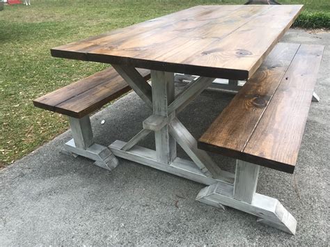 Rustic 6ft Pedestal Farmhouse Table With Long Benches Benches Etsy Farmhouse Table