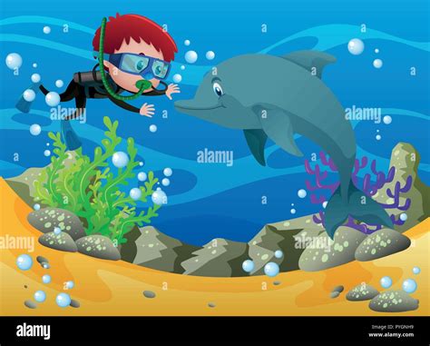 Boy diving with dolphin underwater illustration Stock Vector Image & Art - Alamy