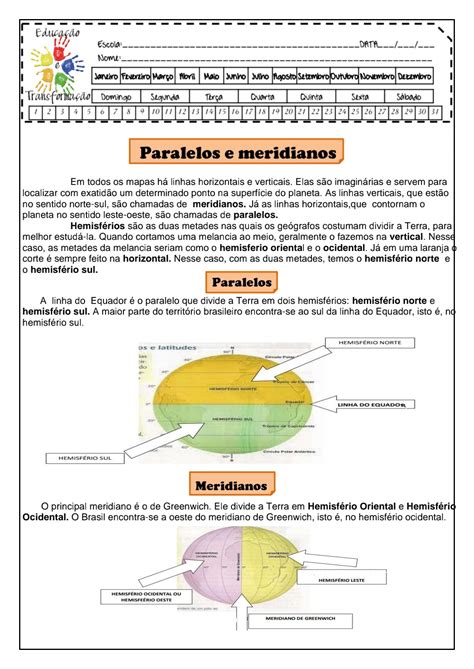 Atividades Sobre Paralelos E Meridianos 6o Ano Com Gabarito Edukita