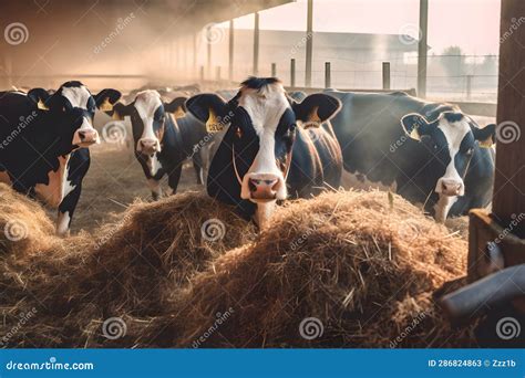 Group Of Cows At Cowshed Eating Hay Or Fodder On Dairy Farm Neural