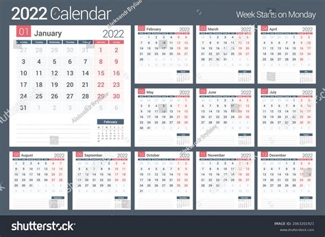 2022 Calendar Template Planner 12 Pages Stock Vector (Royalty Free) 2063201921 | Shutterstock