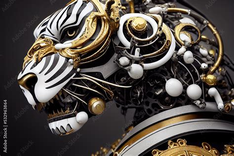 Сlose Up Of Futuristic Mechanical Tiger Abstract Tiger Portrait