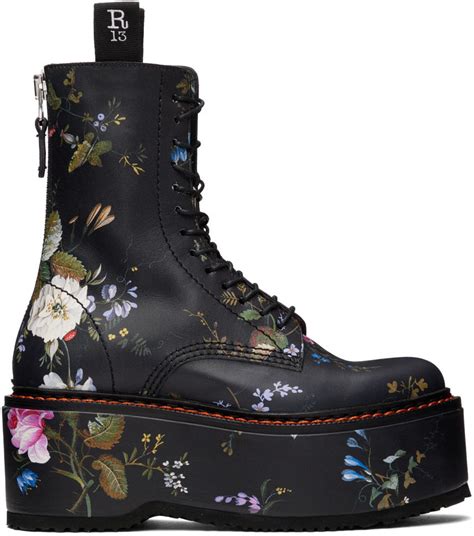 R13 Black Floral Double Stack Platform Lace Up Boots R13