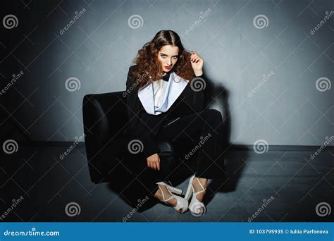 Brunette Model Posing On Couch In The Studio Stock Image Image Of Cute Fashion 103795935