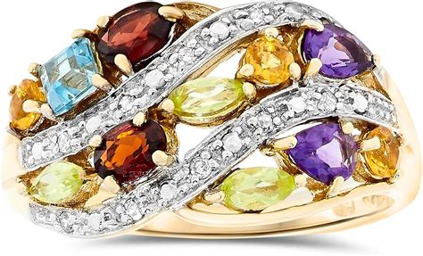 14k Yellow Gold Multi Color Genuine Gemstone And Diamond