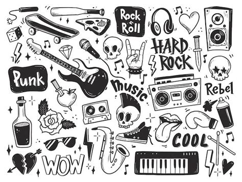 Conjunto De Doodle De Música Rock N Roll Punk Vector Premium Music