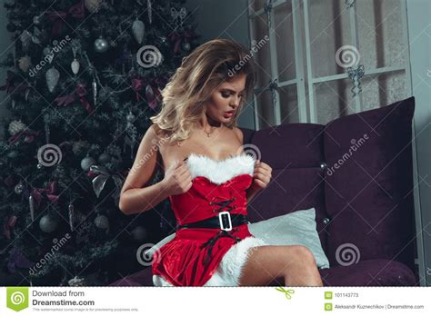 Beautiful Blonde Santa Clause In Elegant Panties Hat And Bra Fashion Portrait Of Model Girl