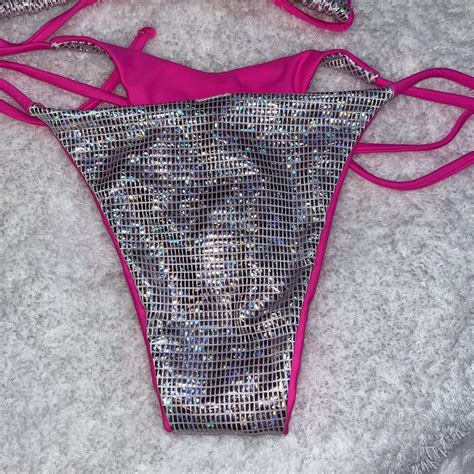 Shiny Silver Holographic And Pink Bikini Set Size S Depop