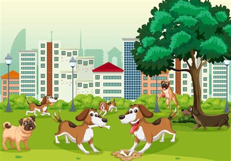 Free Vector | Many dogs playing in the city park