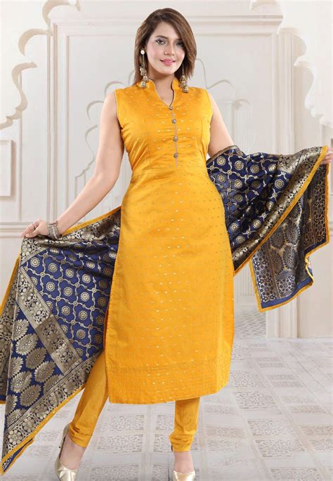 Buy Yellow Brocade Readymade Churidar Salwar Kameez 168375 Online At