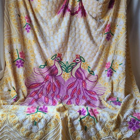 Vintage Cotton Plush Chenille Peacock Bird Floral Cottage Queen Bedspread Retro Bedding Bright