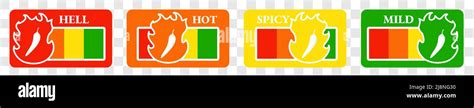 Spicy Hot Chili Pepper Icons Set With Flame And Rating Of Spicy Mild Medium Hot And Extra Hot