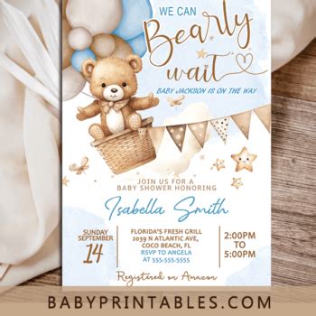 Baby Shower Hot Air Balloon Teddy Bear Invitation D288 Baby Printables