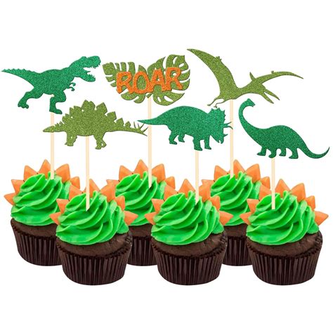 Pcs Dinosaur Cupcake Toppers Green Glitter Roar Palm Leaf Rex