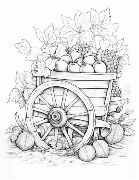 A Drawing Of A Wagon Filled With Lots Of Fruit And Leaves Generative Ai