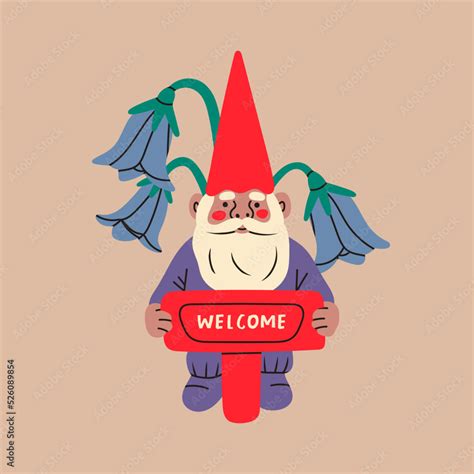 Garden Gnome With Welcome Sign And Flowers Hand Drawn Modern Vector