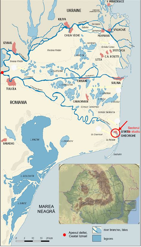 Harta Deltei Dunării cu cele 3 braţe principale: Chilia, Sulina şi Sf ...