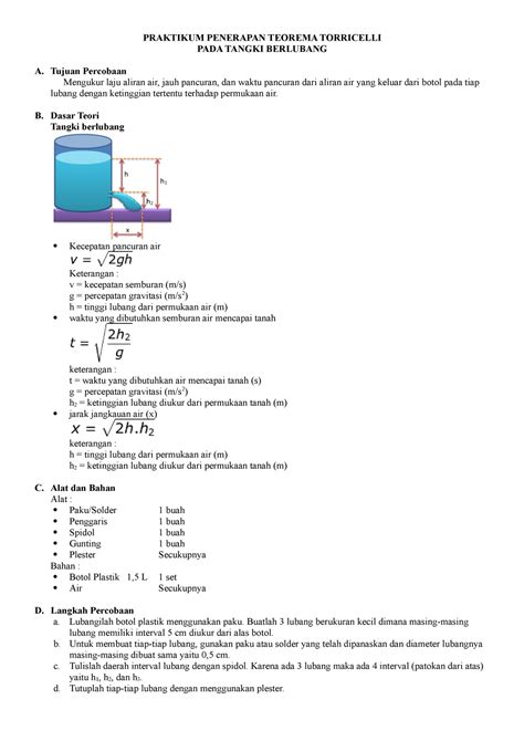Praktikum Penerapan Teorema Torricelli Praktikum Penerapan Teorema