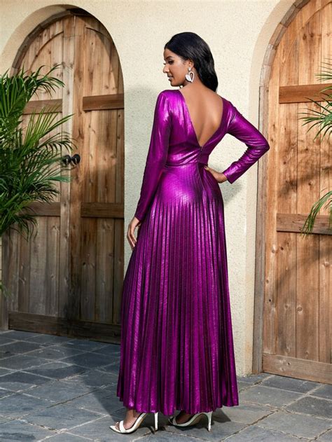 Overlap Collar Pleated Hem Backless Metallic Prom Dress Shein Usa