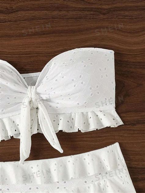 Shein Swim Mod Women Front Knot Bandeau Bikini Set With Ruffle Hem For Summer Beach Vacation