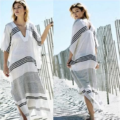 Wholesale Sarong V Neck Beach Cover Up Cotton Half Sleeve Striped Bikini Swimwear Sunblock