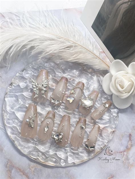 Nude Pink Butterfly Glitter Rhinestone Crystal Press On Nail Etsy