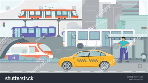 Public Transportation Tram Bus Yellow Taxi Stock Vector Royalty Free