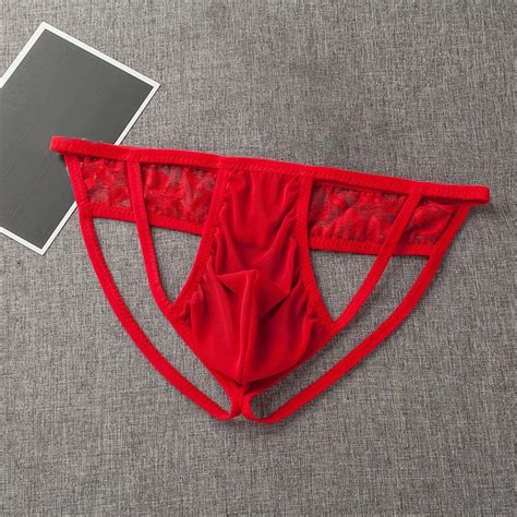 Mens Erotic Mesh Sheer Low Rise Thong Jockstrap Lace Bikini G String Underwear Tangas Cotton Low
