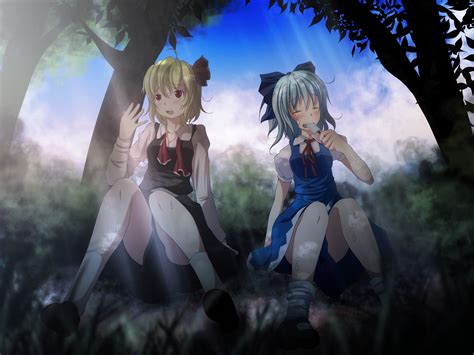 Girls Blonde Hair Blue Hair Blush Bow Cirno Dress Food Forest Ice Cream Popsicle Red Eyes Rumia