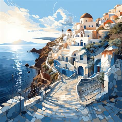 Watercolor Vector Santorini Oia Sunset On White Backgroun Premium Ai