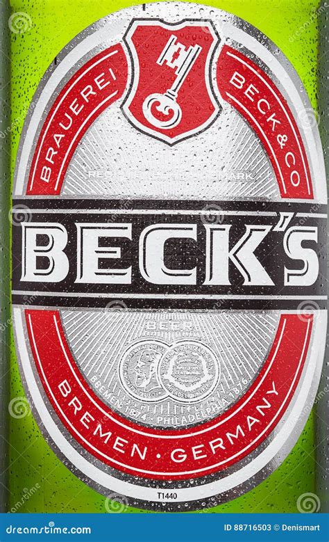 London Uk March 15 2017 Bottle Close Up Logo Of Becks Beer On