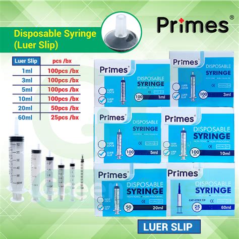 primes disposable syringe luer slip ml ml ml ml ml