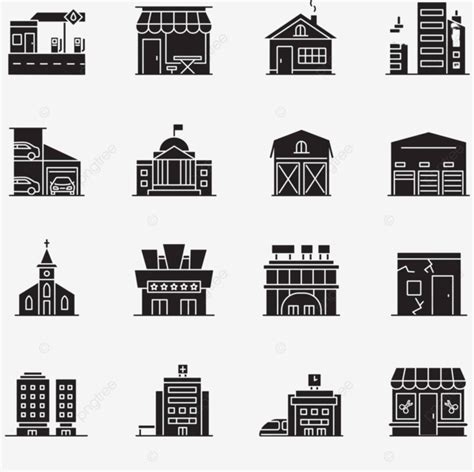 Set Of Black Glyph Icons Depicting The Fronts Of Industrial Buildings