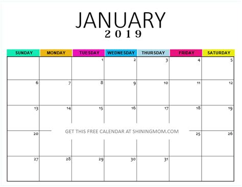 Free Printable January 2019 Calendar 12 Awesome Designs