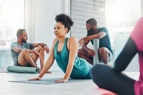 Yoga Fitness Class And People Exercise Together For Health Peace And Wellness Black Woman And