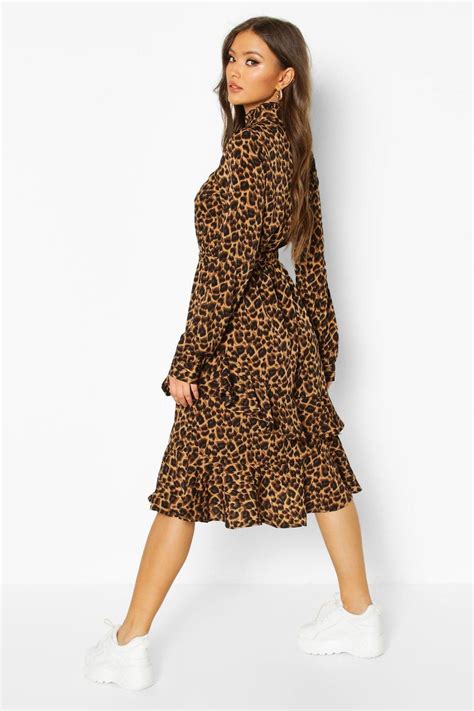 Leopard Print High Neck Ruffle Midi Dress Dressy Fashion Outfits