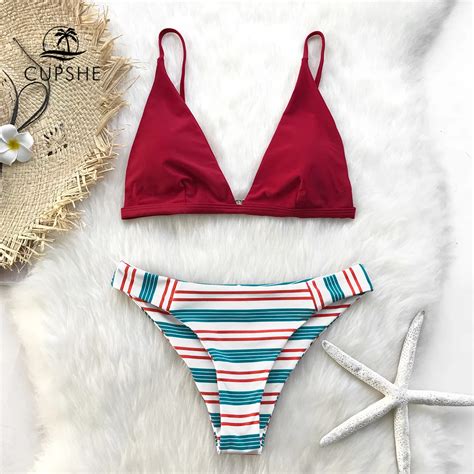 Cupshe Red And Striped V Neck Triangle Bikini Sets Women Back Hook