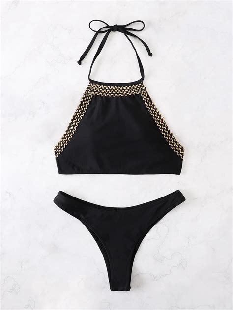 Shein Bikini Halter Con Dise O De Puntada Vezia