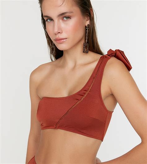 Buy Trendyol One Shoulder Tie Detailed Bikini Bra In Brown Thstreet Qatar