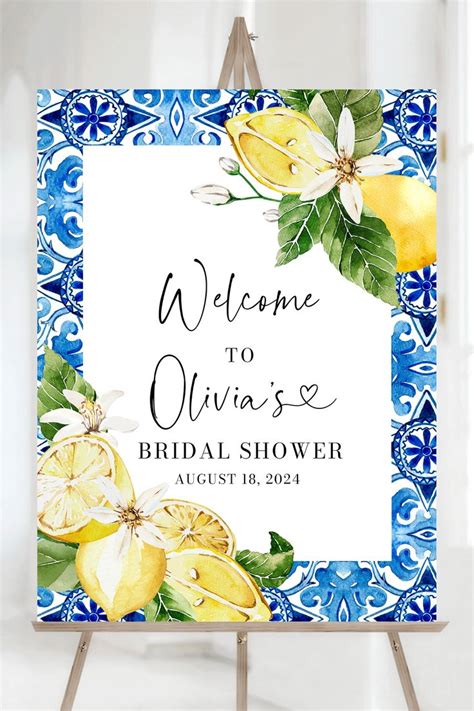 Blue Tiles Lemon Bridal Shower Welcome Sign Editable Italian