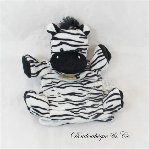 Doudou marionnette Zèbre HISTOIRE D OURS noir et blanc 22 cm SOS