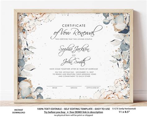 Marriage Vow Renewal Certificate Template Watercolor Certificate Of