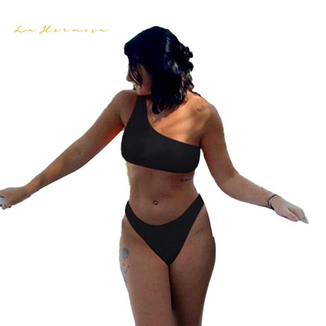 Solid Color Two Piece One Shoulder High Waist Bikini Sexy Swimsuit Female Summer Beach Swimwear