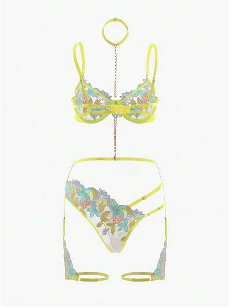 Conjunto De Lingerie Bordado Floral Malha Fio Liga Shein Brasil